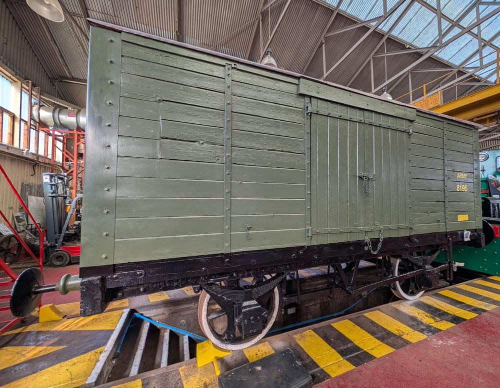 Olive Army-liveried London, Brighton and South Coast Railway box van, numbered 8195