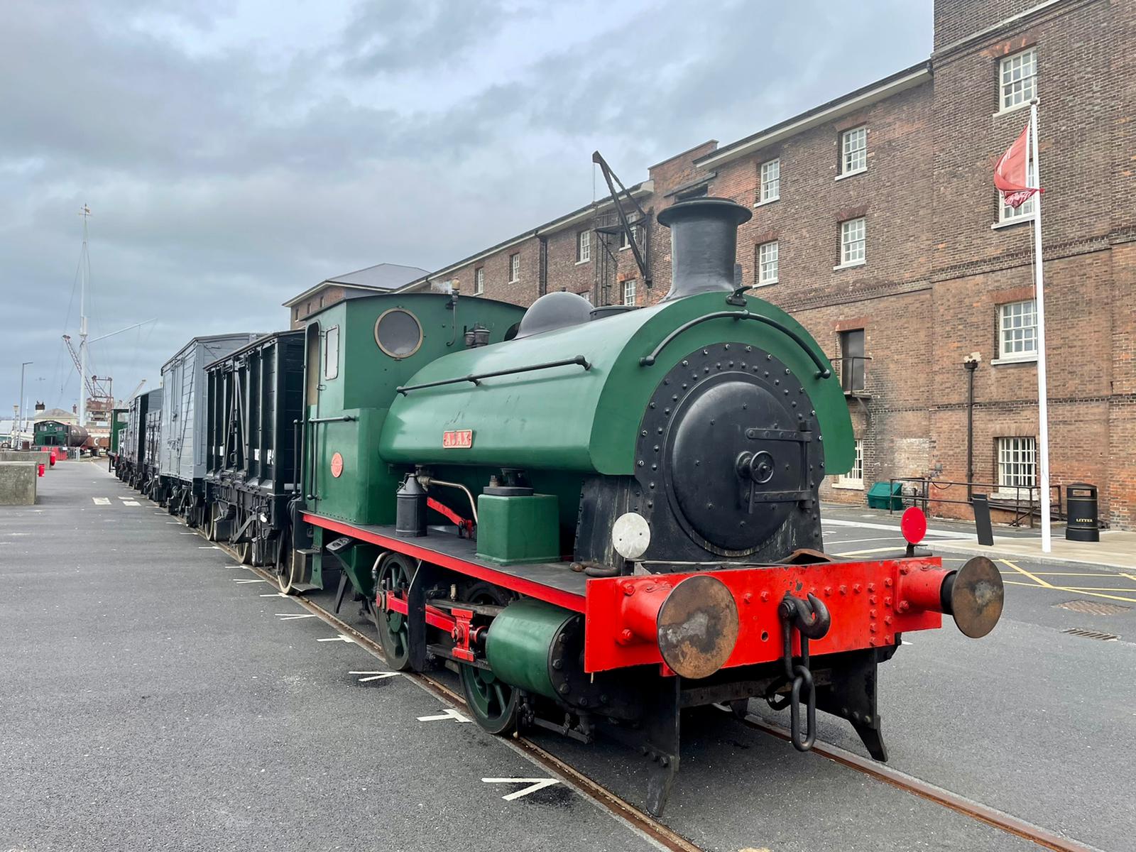 AJAX steam locomotive with a train of wagons at Chatham Dockyard